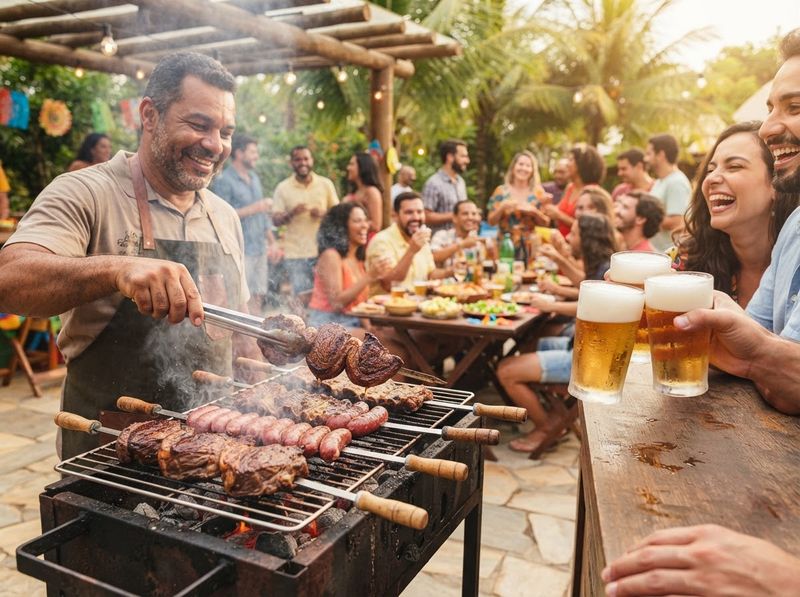 Churrasco na grelha com chope gelado