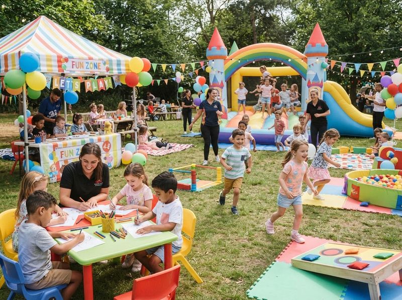Crianças brincando em área de lazer com brinquedos coloridos